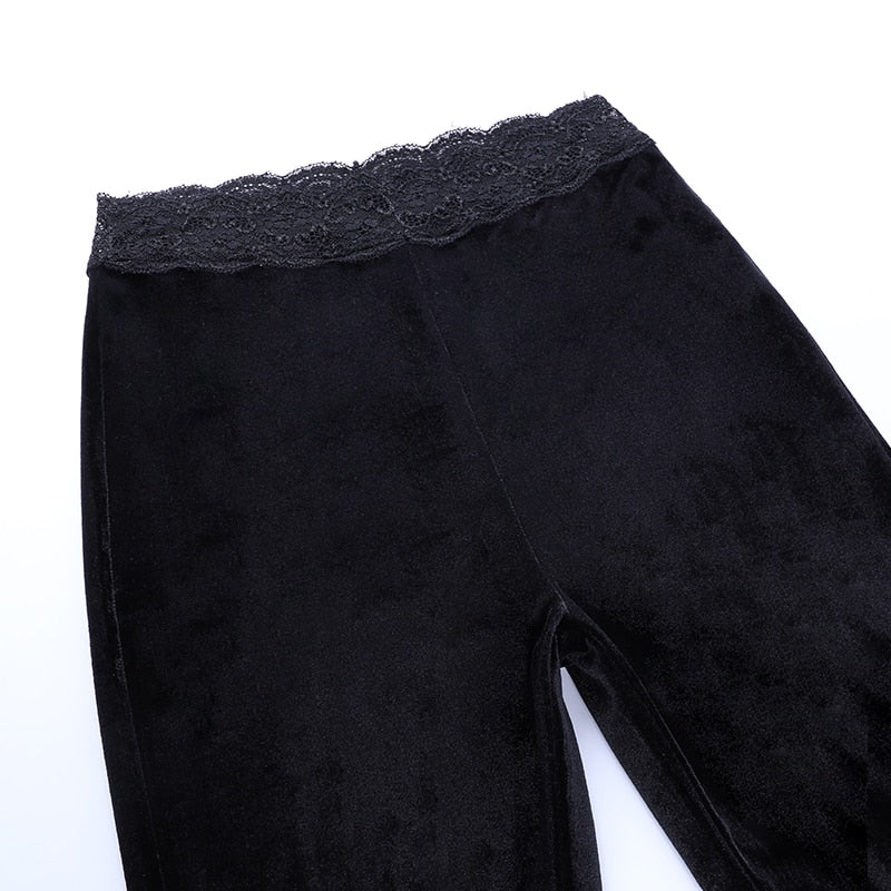 Churchf Black Flared Pants Elastic Waist High Waist Lace Patchwork