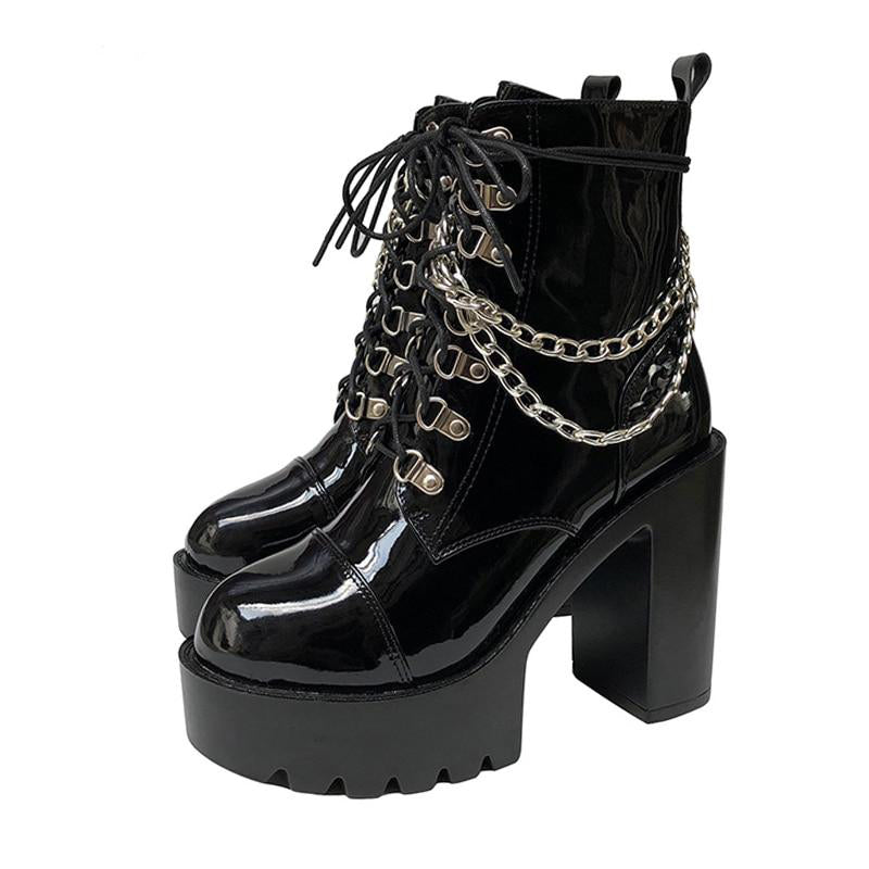 Gothic Patent Leather Lace Up Double Chain Platform Boots – ROCK 'N DOLL