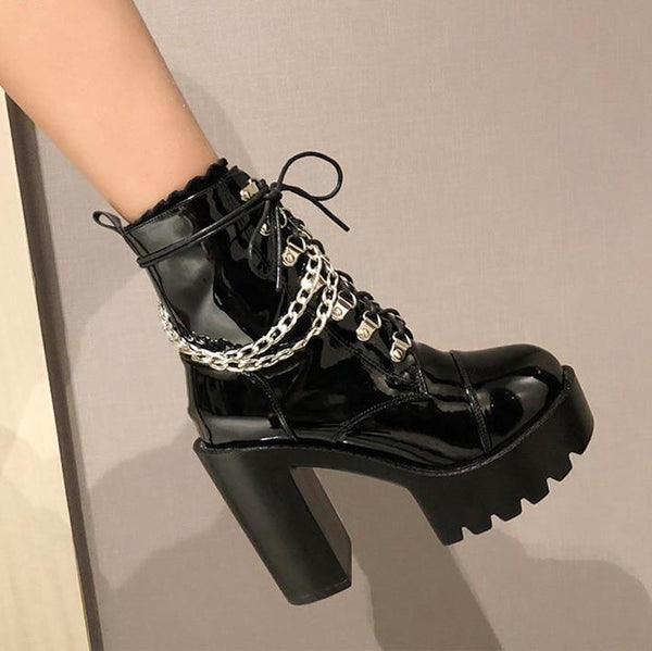 Gothic Patent Leather Lace Up Double Chain Platform Boots