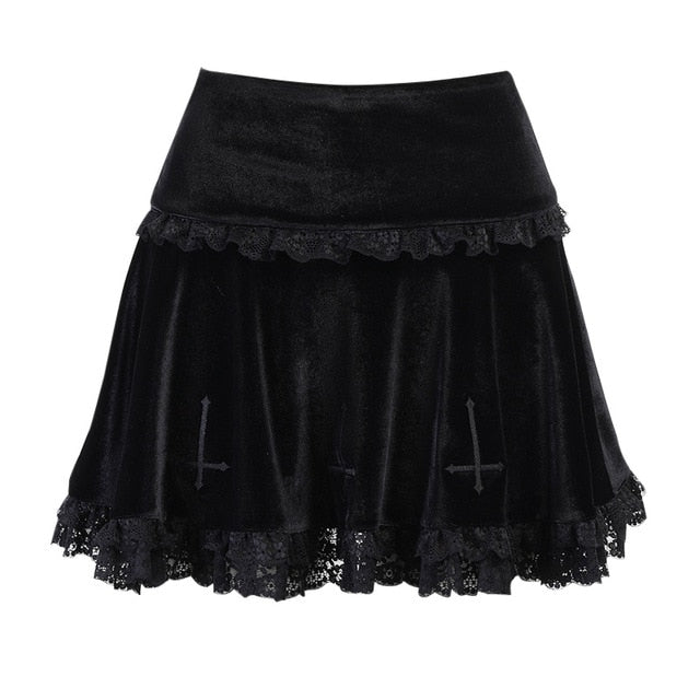 Gothic Cross Vintage Lace Trim Mini Skirt