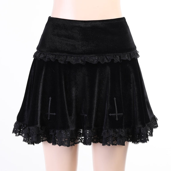 Gothic Cross Vintage Lace Trim Mini Skirt