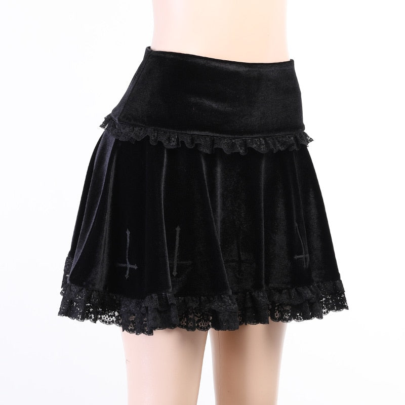 Gothic Cross Vintage Lace Trim Mini Skirt
