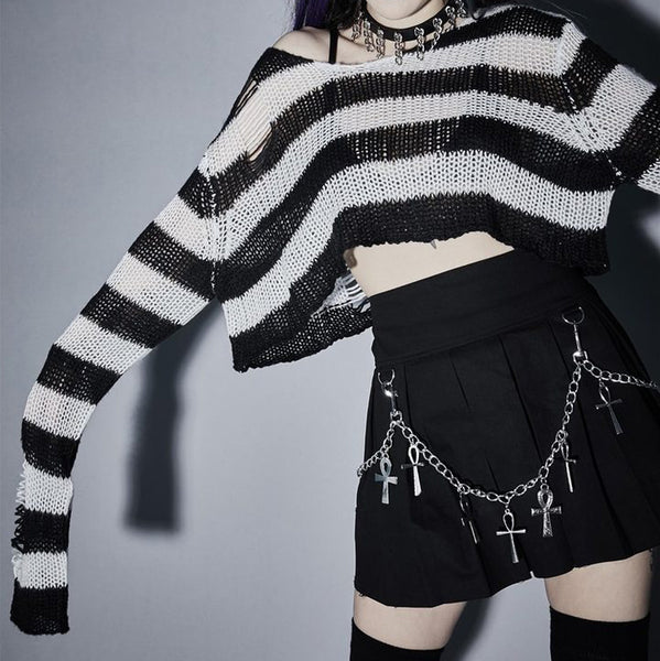 Gothic Ripped Striped Knitted Sweater Crop Top (Available in 3 colors)