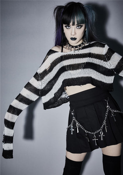 Gothic Ripped Striped Knitted Sweater Crop Top (Available in 3 colors)