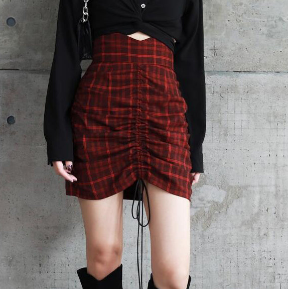 Gothic Punk Red Plaid High Waist Bodycon Mini Skirt