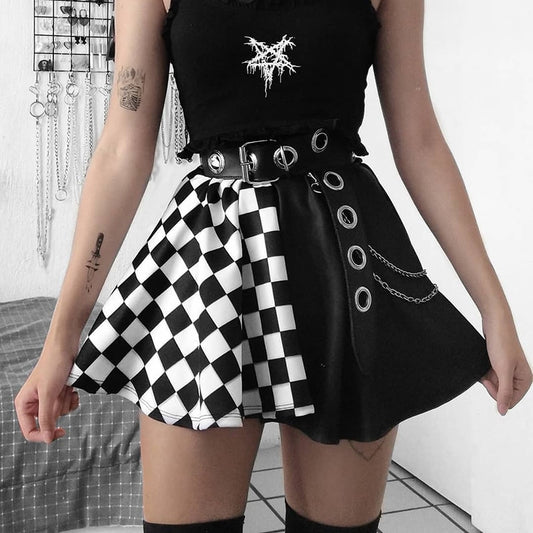 Gothic Grunge Half Checkered Mini Skirt