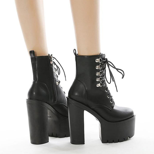 Gothic Lace Up Rivets High Heels Platform Boots