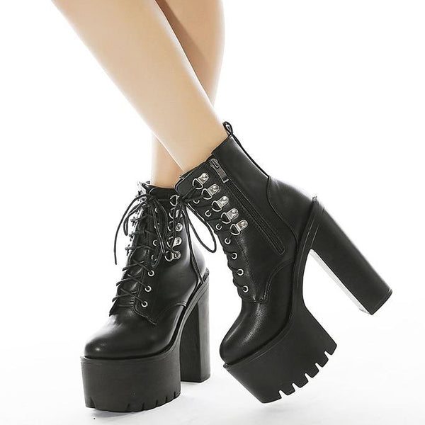 Gothic Lace Up Rivets High Heels Platform Boots