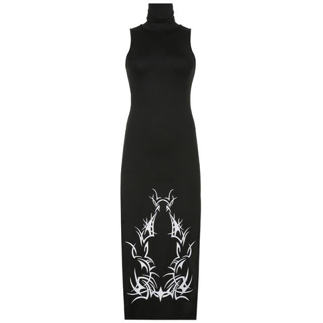 Gothic Tribal Print Turtleneck Side Slits Sleeveless Dress