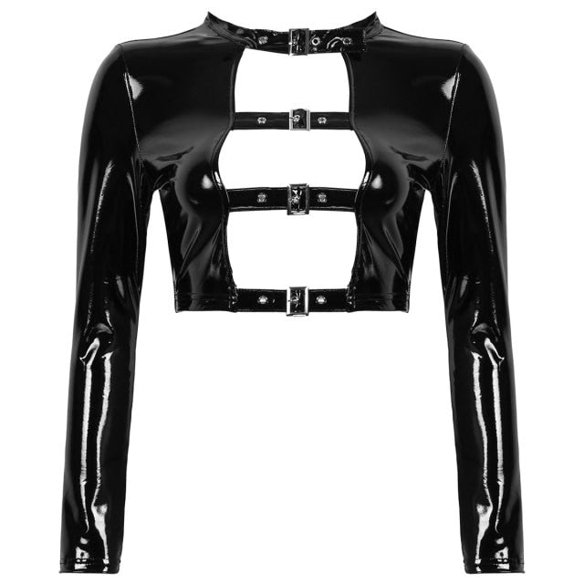 Gothic Rave Clubwear Buckle Hollow Out Front Long Sleeve Crop Top