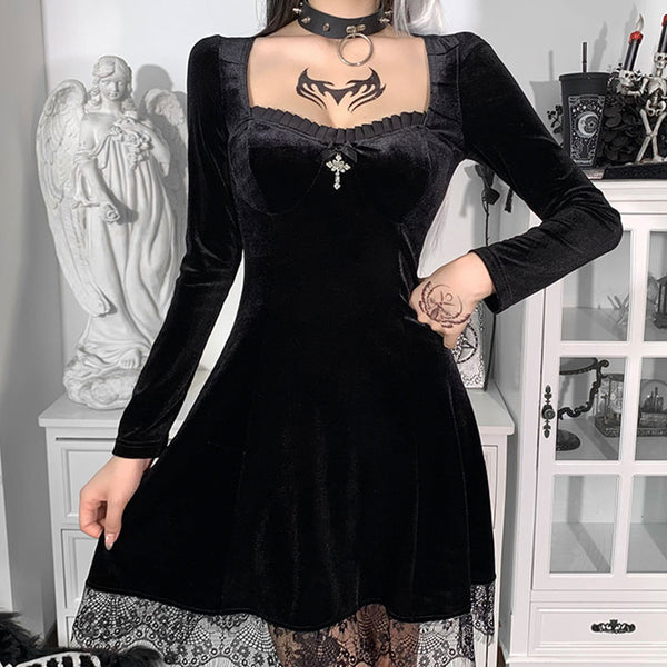 Gothic Vintage Cross Pendant Long Sleeve Dress (available in 2 colors)