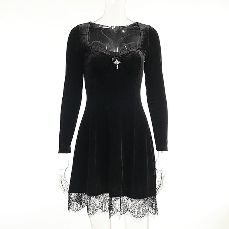 Gothic Vintage Cross Pendant Long Sleeve Dress (available in 2 colors)