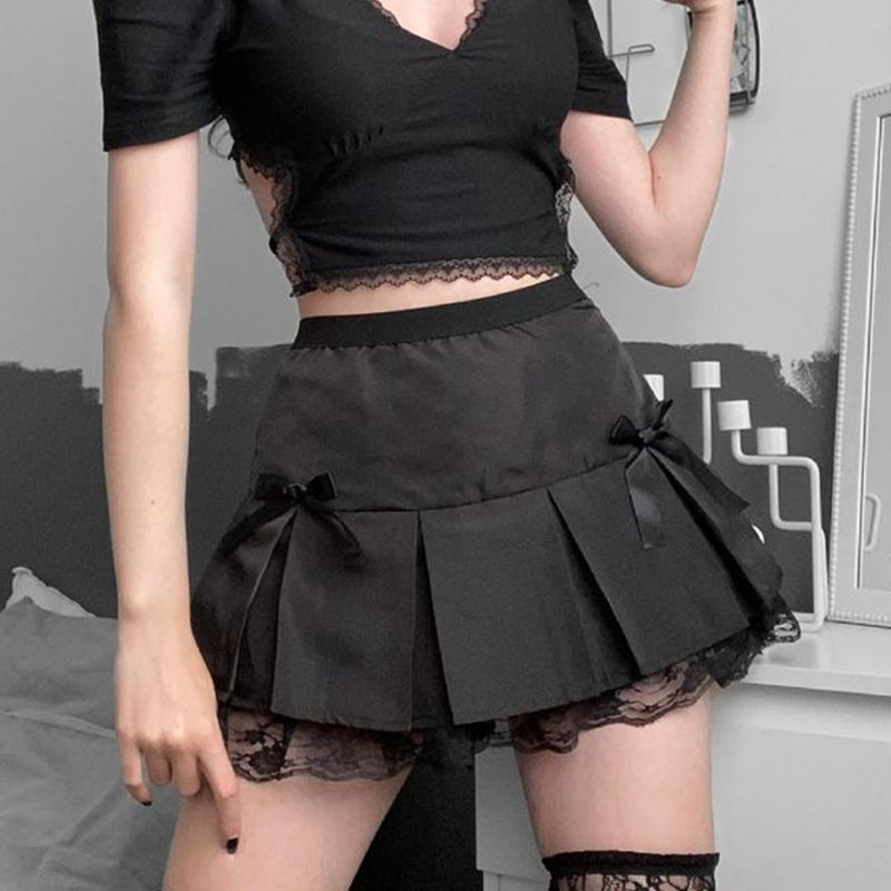 Gothic Bows Lace Patchwork Pleated Mini Skirt
