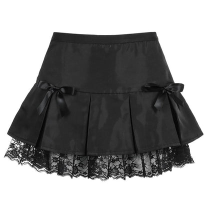 Gothic Bows Lace Patchwork Pleated Mini Skirt