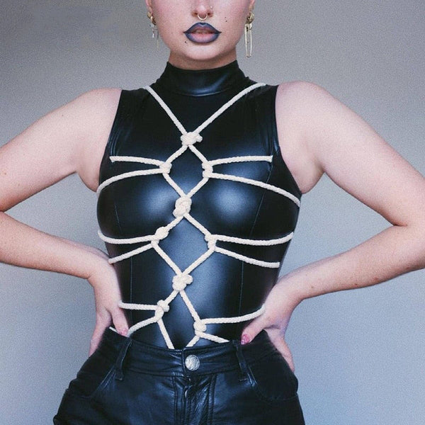 Gothic Shibari Style Rope Patchwork PU Leather Bodysuit Top