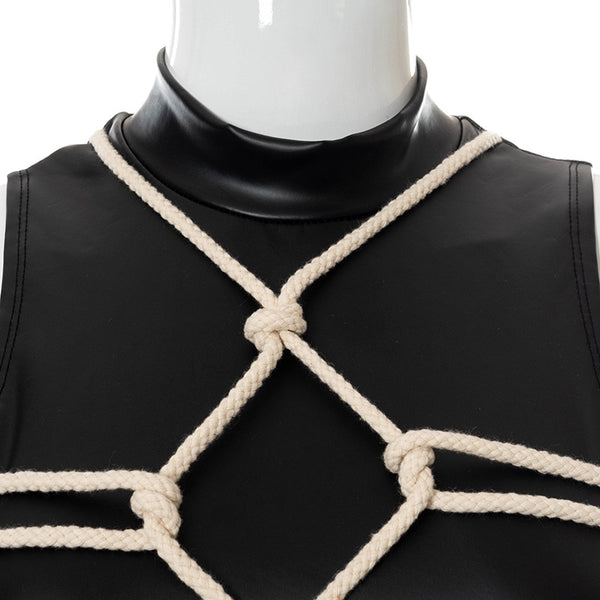 Gothic Shibari Style Rope Patchwork PU Leather Bodysuit Top