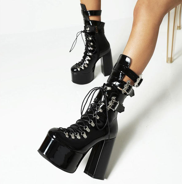 Gothic Bat Wings Buckles Strap Lace Up Platform Boots