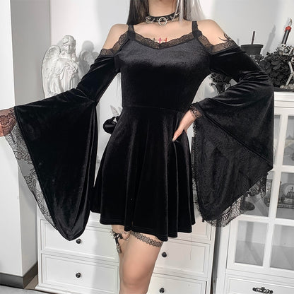 Gothic Lace Cold Shoulder Bell Sleeve Mini Dress