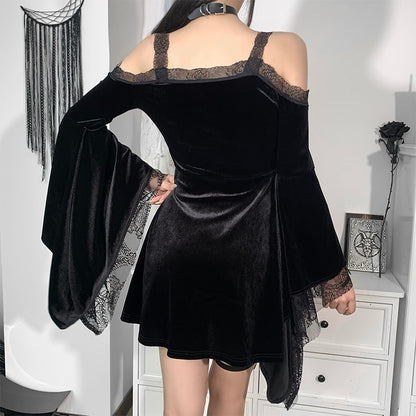 Gothic Lace Cold Shoulder Bell Sleeve Mini Dress