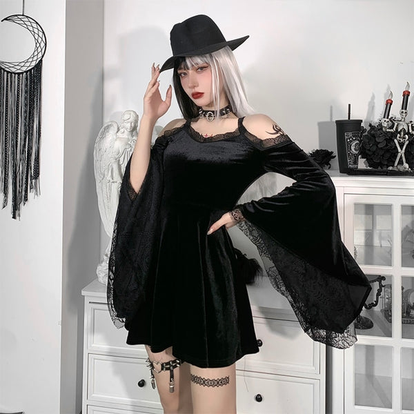 Gothic Lace Cold Shoulder Bell Sleeve Mini Dress