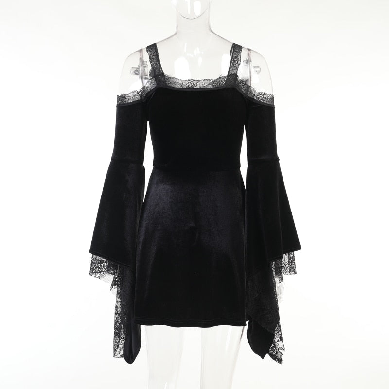 Gothic Lace Cold Shoulder Bell Sleeve Mini Dress ROCK 'N DOLL Gothic Lace Cold Shoulder Bell Sleeve Mini Dress ROCK 'N DOLL