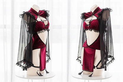 Gothic Cosplay Lingerie Black Red Temptation Lace Dress