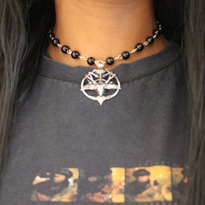 Gothic Black Onyx Baphomet Goat Head Pendant Choker Necklace