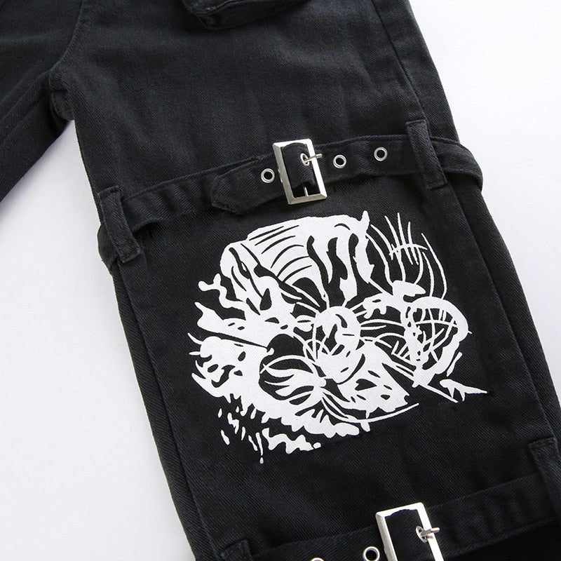 Gothic Harajuku Y2K Skull Print Buckle Pants – ROCK 'N DOLL