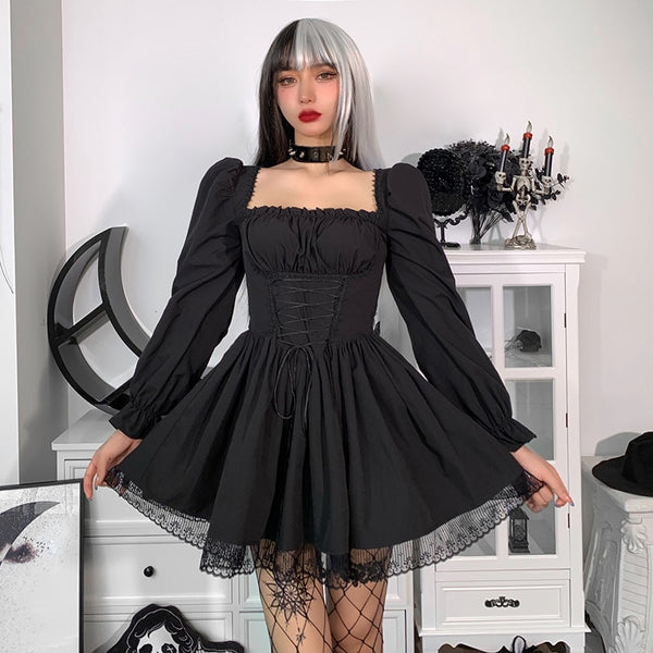 Gothic Vintage Corset Waist Lace Trim Long Sleeve Mini Dress (available in 2 colors)
