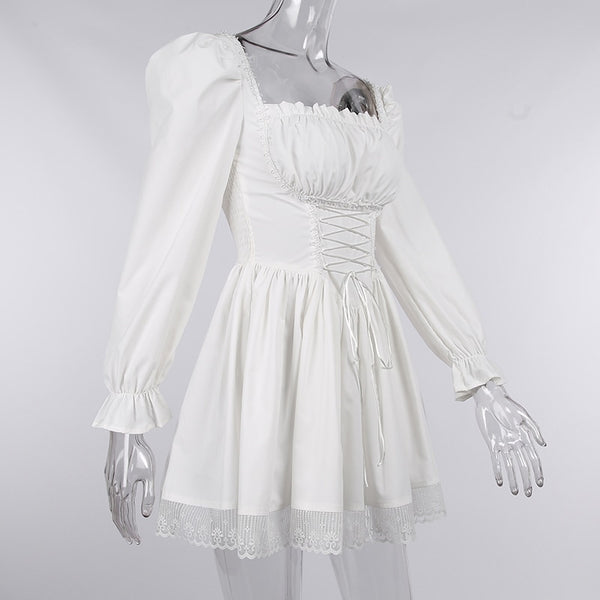 Gothic Vintage Corset Waist Lace Trim Long Sleeve Mini Dress (available in 2 colors)