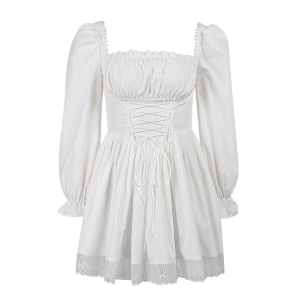 Gothic Vintage Corset Waist Lace Trim Long Sleeve Mini Dress (available in 2 colors)