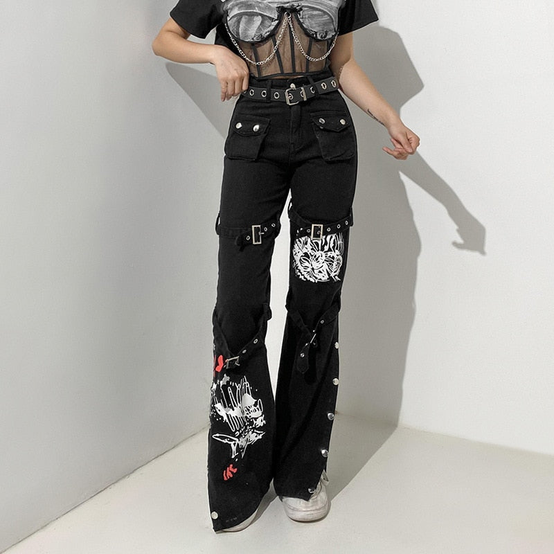 Gothic Harajuku Y2K Skull Print Buckle Pants