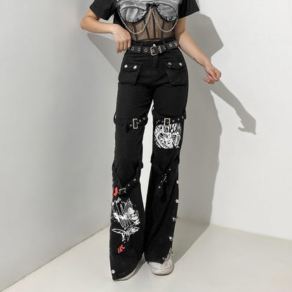 Gothic Harajuku Y2K Skull Print Buckle Pants