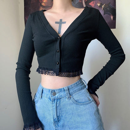 Gothic Lace V-Neck Cardigan Crop Top (available in 2 colors)