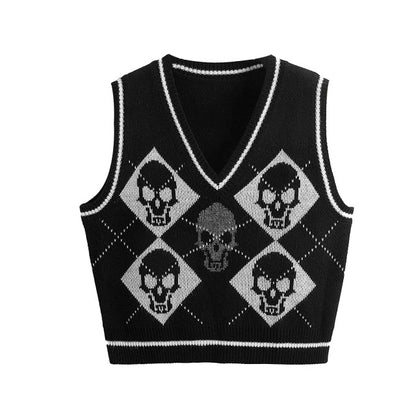 Gothic Y2K Skull Argyle Vest Knit Sweater Top