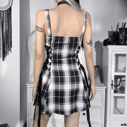 Gothic Grunge Side Lace Up Plaid Mini Dress (available in 3 colors)
