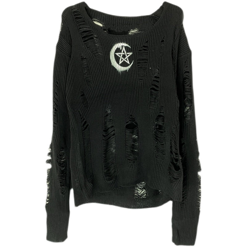 Gothic Moon Star Ripped Knitted Pullover Top