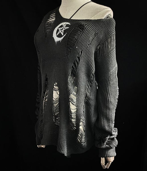 Gothic Moon Star Ripped Knitted Pullover Top