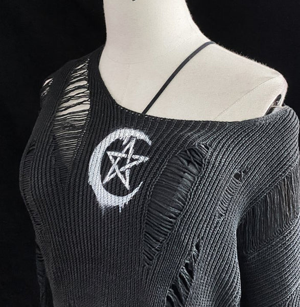 Gothic Moon Star Ripped Knitted Pullover Top
