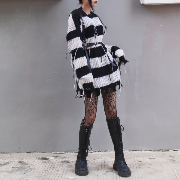 Gothic Harajuku Moon Star Striped Knitted Jumper Sweater Top