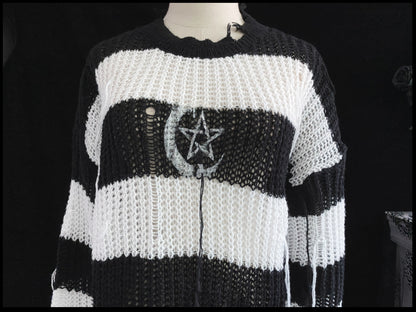 Gothic Harajuku Moon Star Striped Knitted Jumper Sweater Top