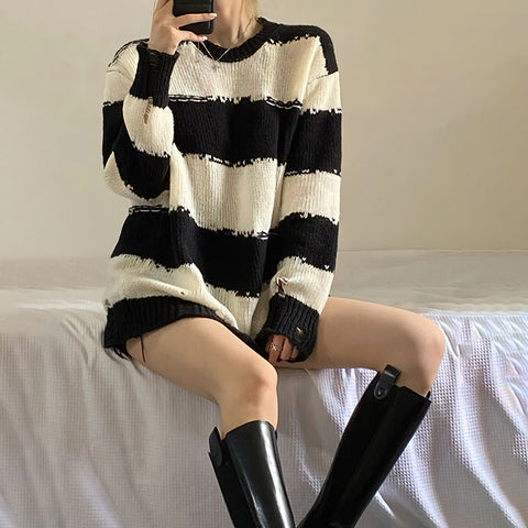 Gothic Grunge Y2K Black White Striped Knitted Sweater Top