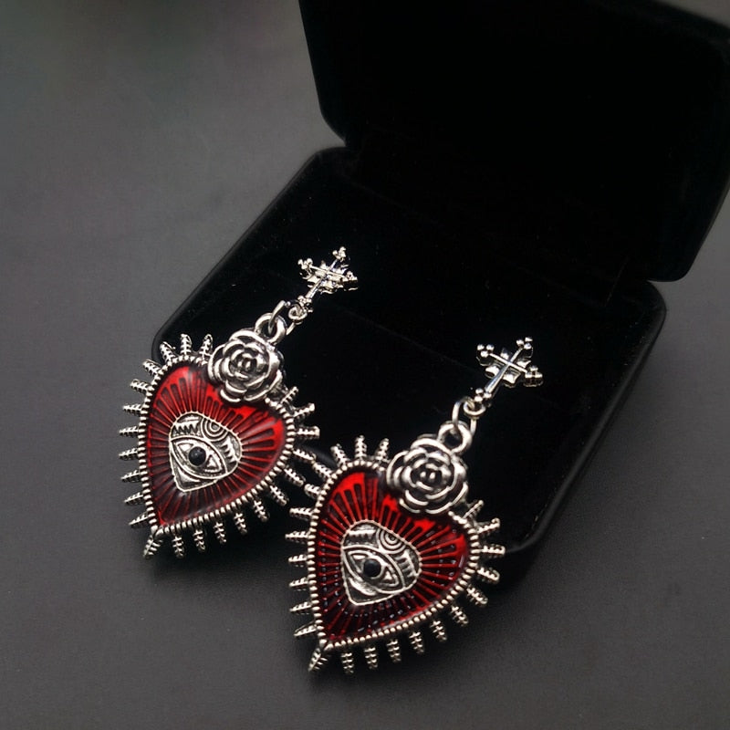 Gothic Occult Rose Heart Drop Earrings