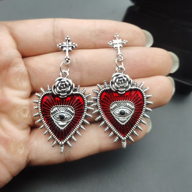 Gothic Occult Rose Heart Drop Earrings
