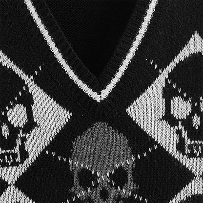 Gothic Y2K Skull Argyle Vest Knit Sweater Top