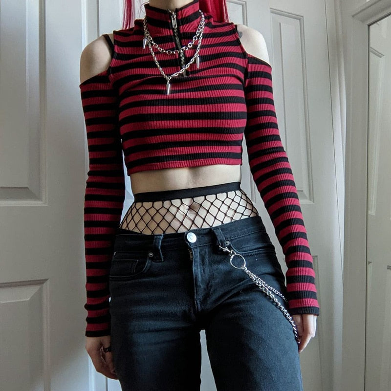 Gothic Grunge 90's Striped Cold Shoulder Long Sleeve Top