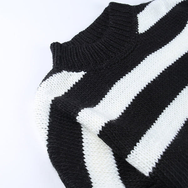 Gothic Grunge Y2K Black White Striped Knitted Sweater Crop Top