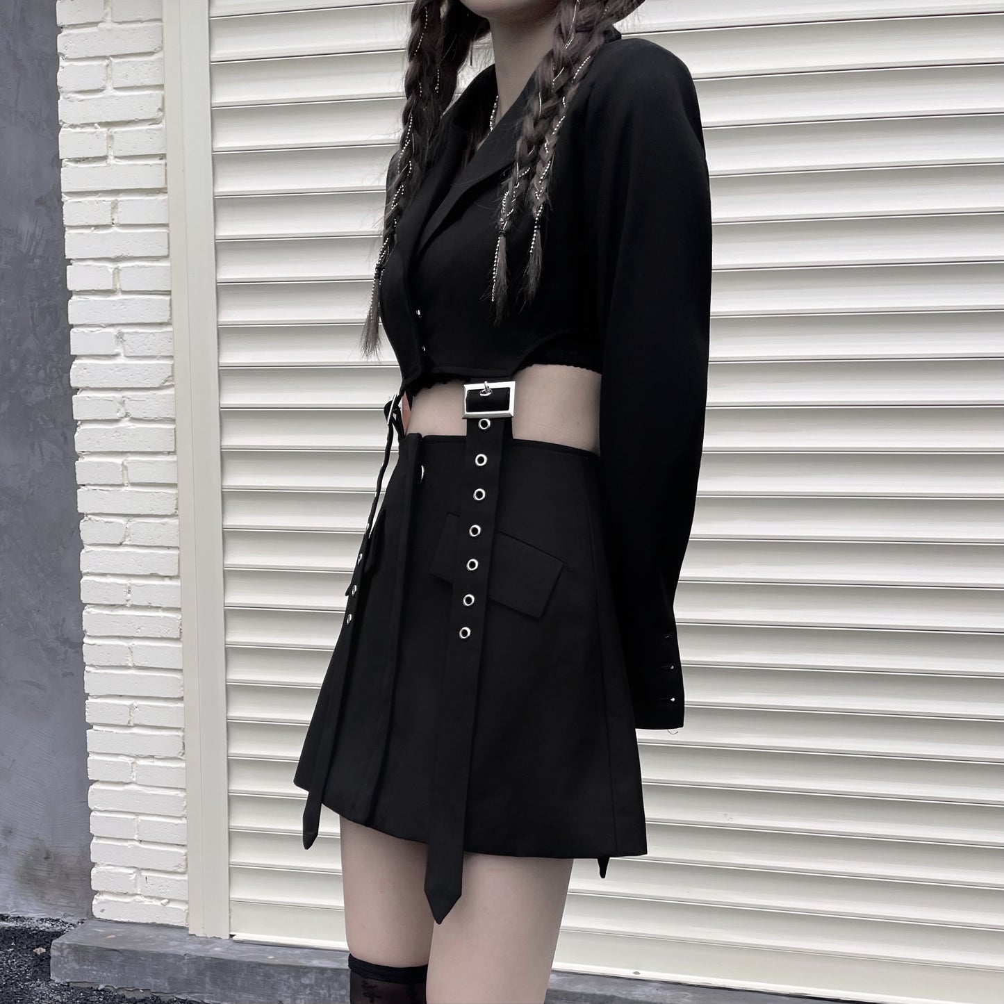 Gothic Harajuku Eyelet Buckle Strap Hollow Out Pleated Dress