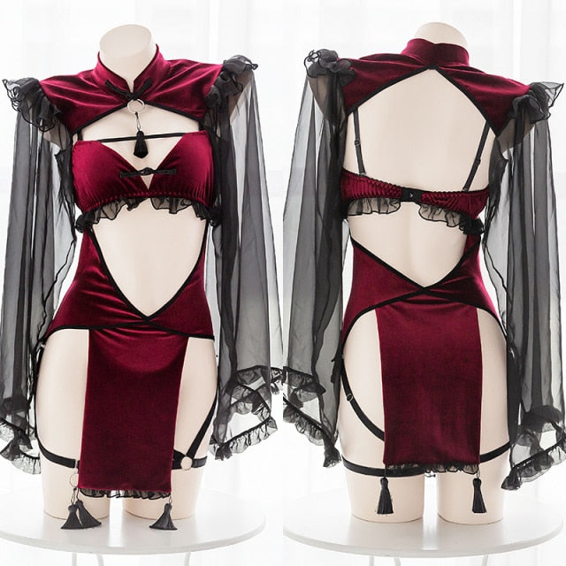 Gothic Cosplay Lingerie Black Red Temptation Lace Dress