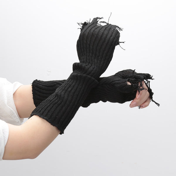 Gothic Grunge Knitted Tattered Arm Warmer Fingerless Gloves